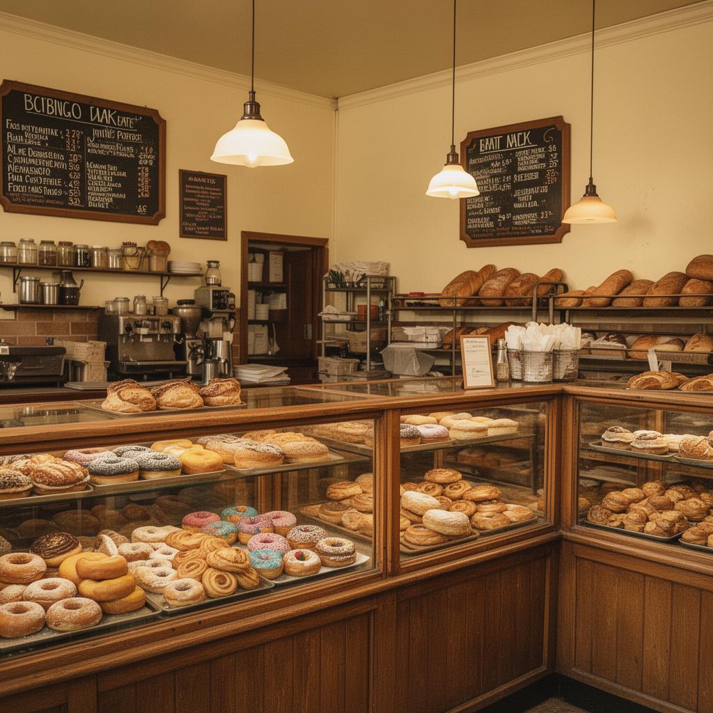 Inside the bakery, wooden display cases full of pastries